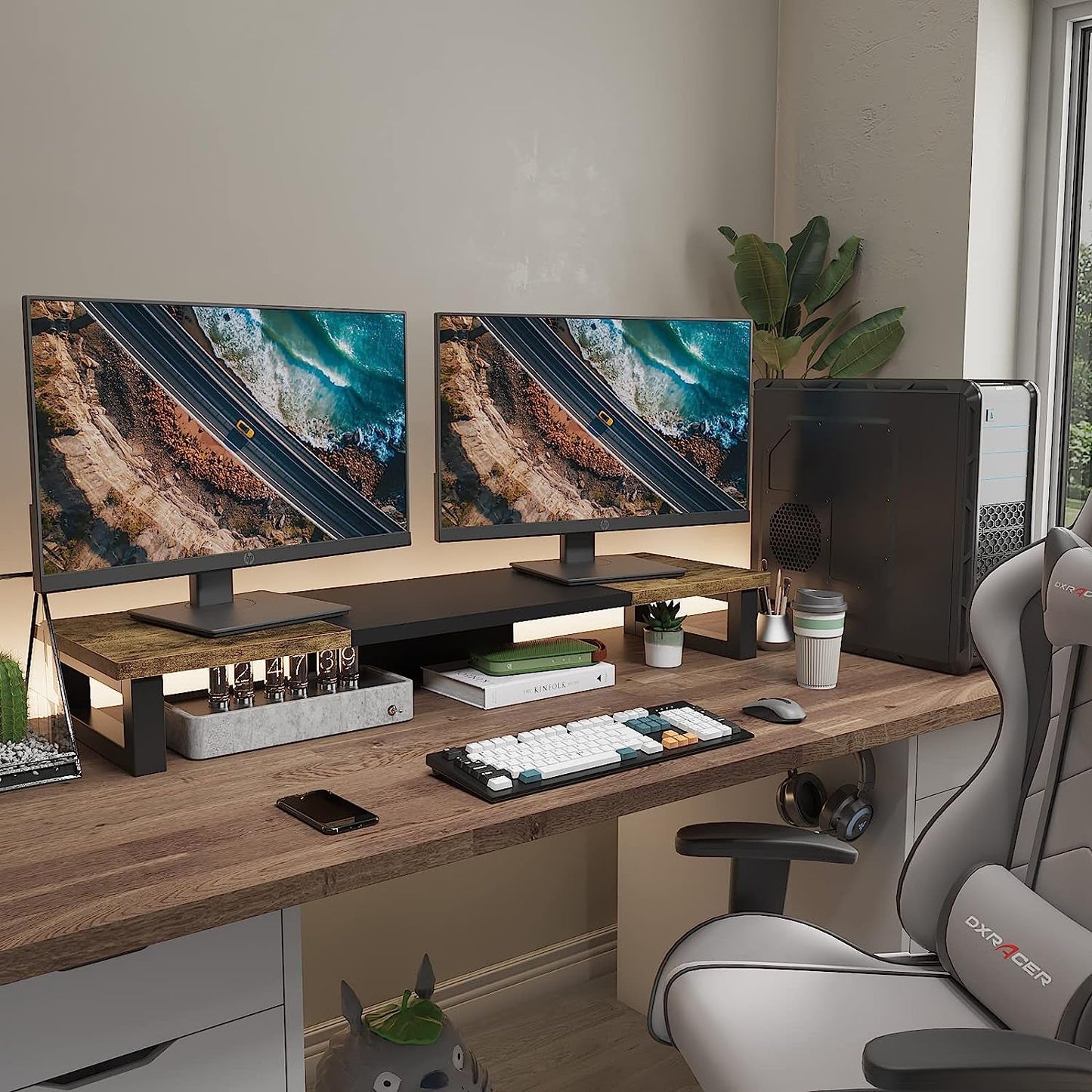 Dual Monitor Stand Riser Wood And Steel For Two Monitors